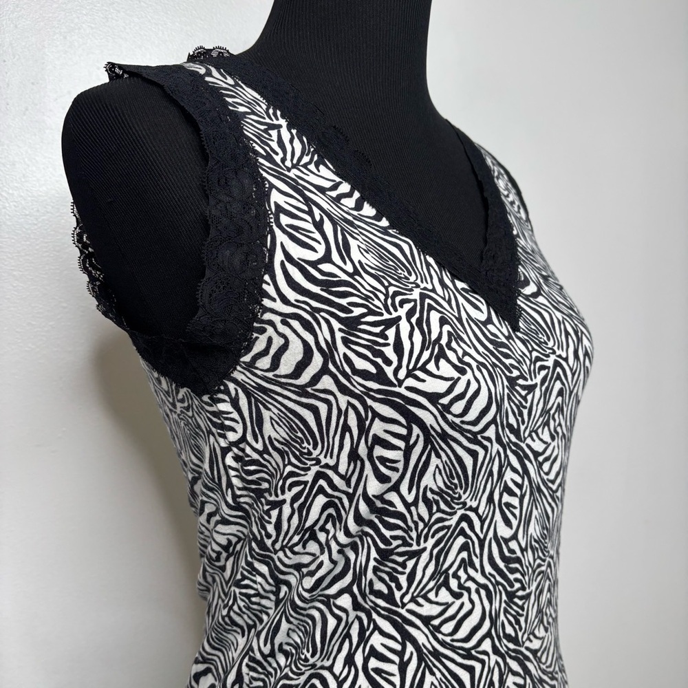 Worthington Stretch Zebra Print Lace Trim Tank Top Women’s M Black White Y2K - Picture 3 of 8